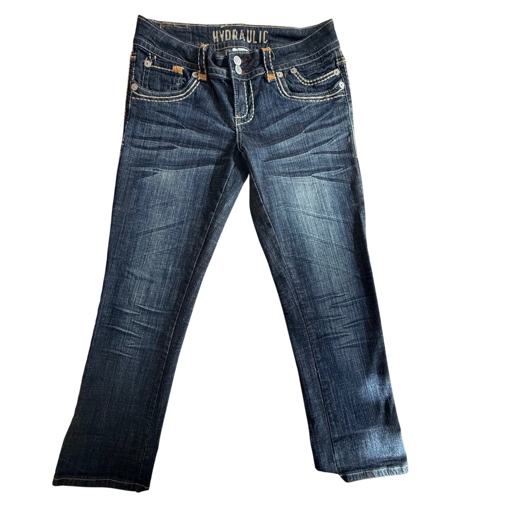 Y2K Low Rise Hydraulic Women Bootcut Jeans Dark Wash Embroidered Flap Pocket 7/8